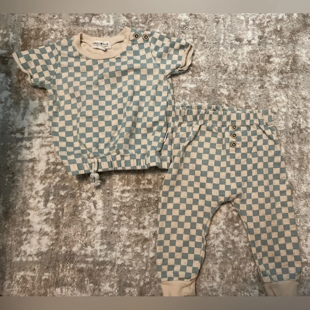 Rabbit+ Bear Blue and Cream Checkered Kids Matching Set size 12M